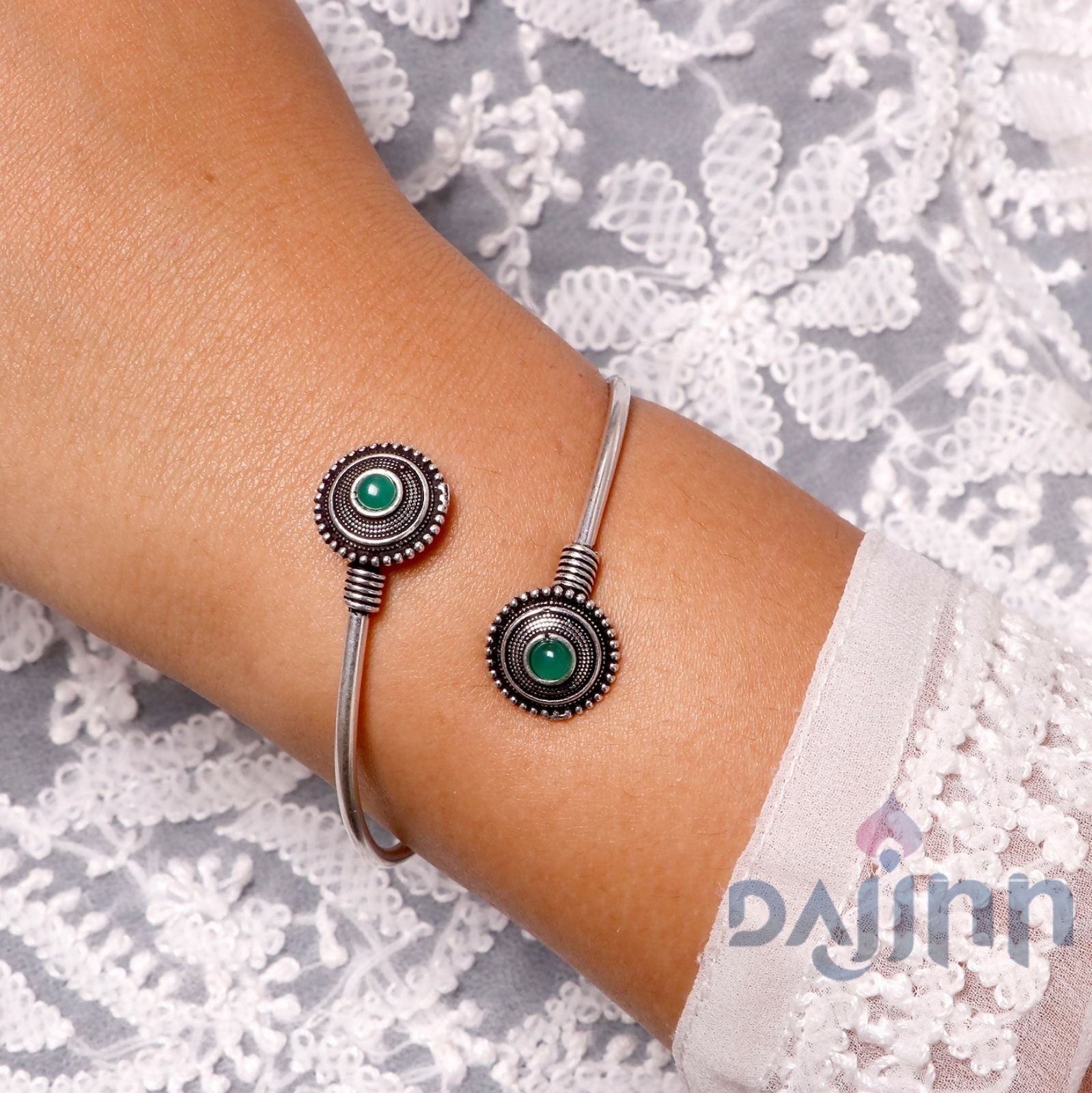 Aparna Green Circular Silver Oxidized Bracelet