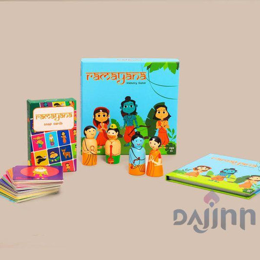 DaJinn Wooden Ramayana Play Set - Peg Dolls, Picture Book, Memory Cards & Snap Cards (3+ Years)