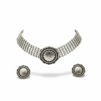 Dajinn Oxidized Silver Lotus Motif Choker Necklace & Earrings Set – Handcrafted Heritage Jewelry