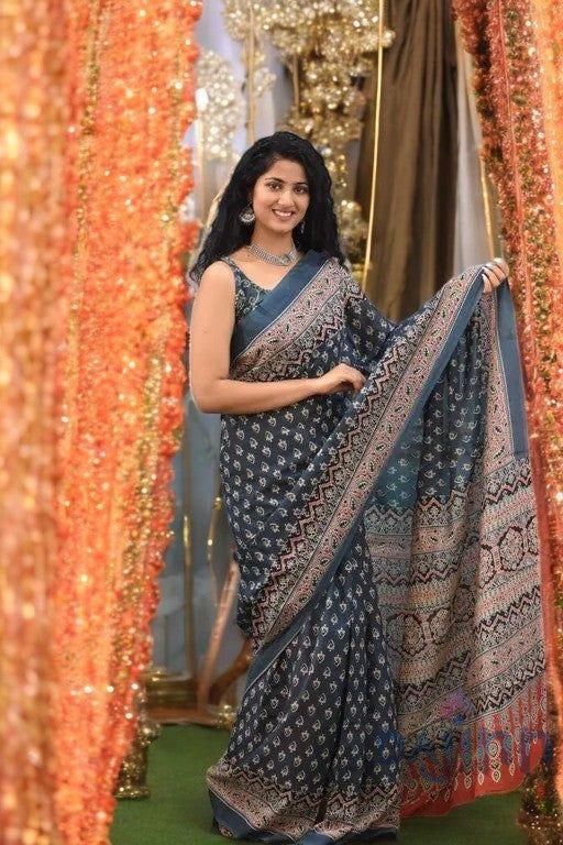 Navy Blue Chiffon Saree with Golden Border