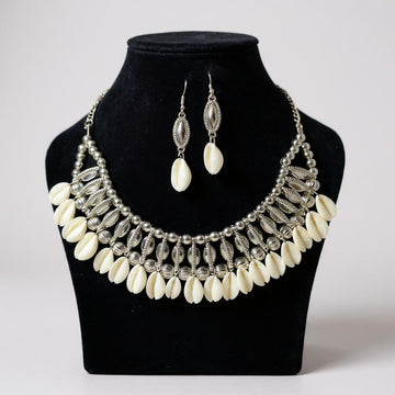 Dajinn Pearl Nirvana Traditional Ethnic Pearl & Shell Necklace Set with Earrings for Women and Girls (Mystic Sea)
