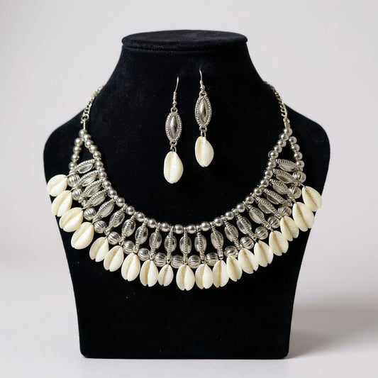 Dajinn Pearl Nirvana Traditional Ethnic Pearl & Shell Necklace Set with Earrings for Women and Girls (Mystic Sea)