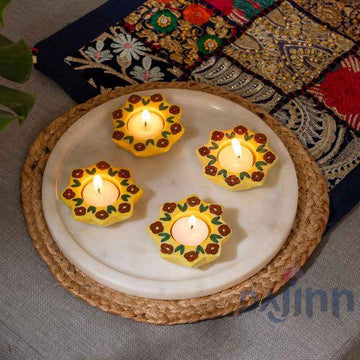 Marigold Blue Pottery Candle Holder - Yellow (Set Of 4)