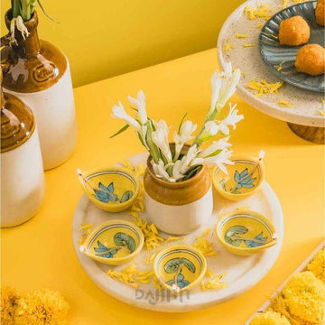 Lotus Blue Pottery Diya (Set Of 5)
