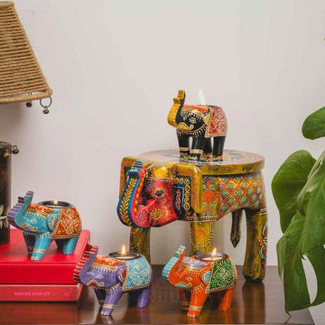 Mehendi Decorative Elephant & Candle Holder Set