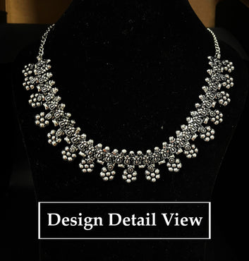 Dajinn Oxidized Silver Floral Cluster Choker Necklace – Handcrafted Minimal Ethnic Everyday Jewelry