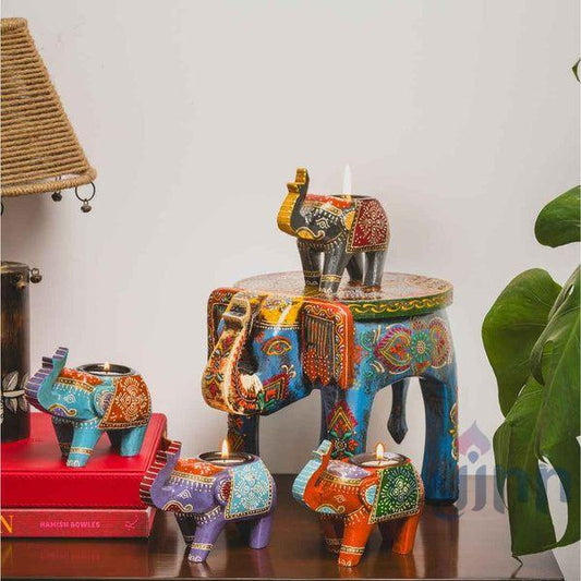 Blue Decorative Elephant & Candle Holder Set