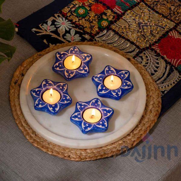 Jasmine Blue Pottery Candle Holder - Dark Blue (Set Of 4)