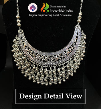 Dajinn Ethnic Oxidized Silver Plated Necklace – Handcrafted Floral Jali & Beaded Layer Statement Jewelry