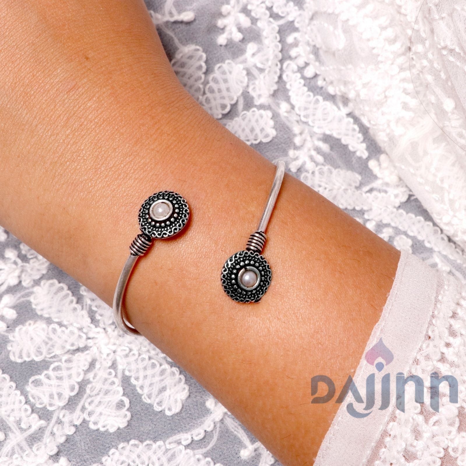 Aparna White Circular Silver Oxidized Bracelet