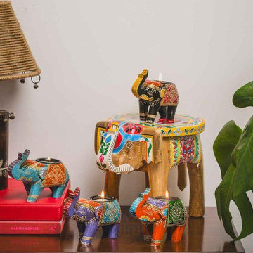Natural Decorative Elephant & Candle Holder Set