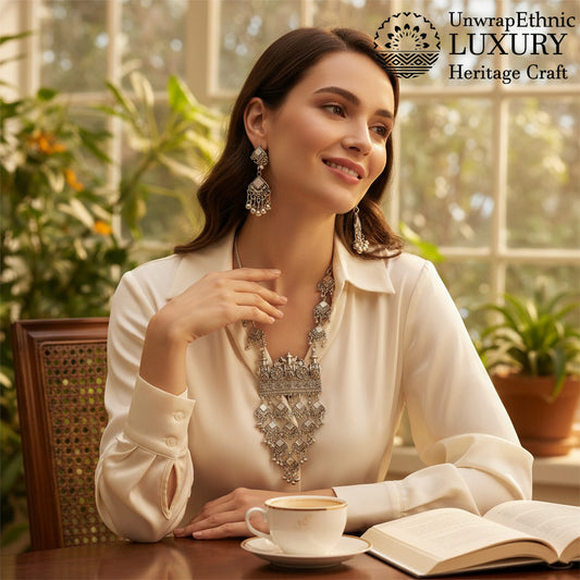 Dajinn Handcrafted Ethnic Oxidized Silver Necklace & Earring Set – Traditional Indian Heritage Jewelry