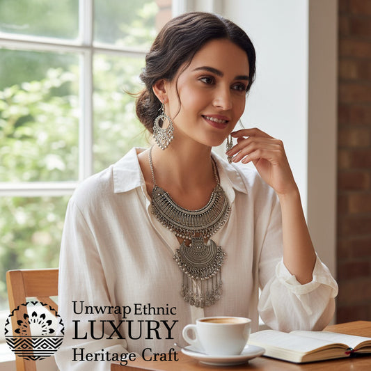 Dajinn Heritage Oxidized Silver Plated Necklace & Earrings Set – Handcrafted Ethnic Luxury