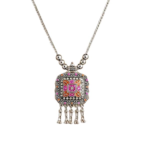 Dajinn Rangavali Tribhuja Ethnic Pendant Necklace for Women Antique Brass Jewelry Colorful Enamel Anti-Tarnish Tribal Boho Statement Necklace