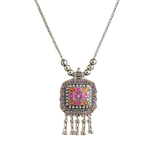 Dajinn Rangavali Tribhuja Ethnic Pendant Necklace for Women Antique Brass Jewelry Colorful Enamel Anti-Tarnish Tribal Boho Statement Necklace