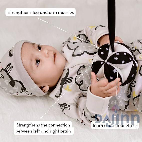 DaJinn Newborn Baby Rattle Clutch Ball | Hanging Toy Crib, Stroller, Car Seat | Montessori, Teething Safe | Soft, Black & White | Infant Development | Baby Shower Gift | 0,1,2,3,6 Months to 1 Year