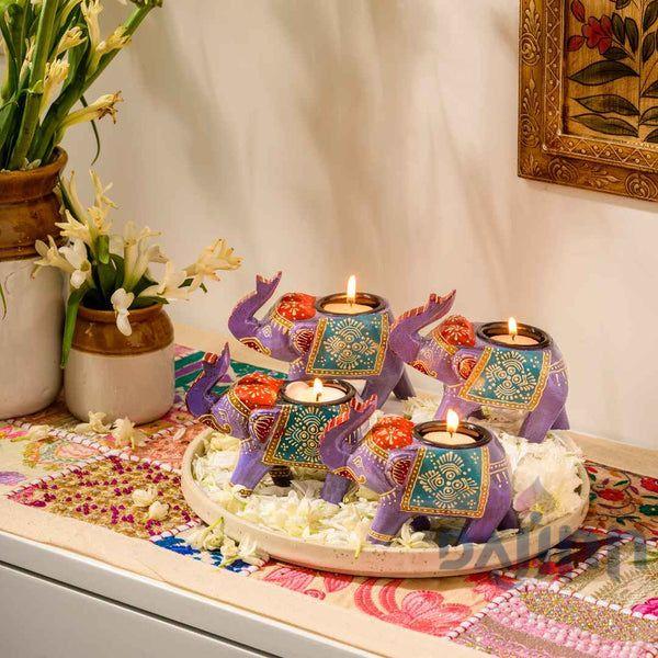 Purple Handpainted Elephant Candle Holder (Set Of 4)