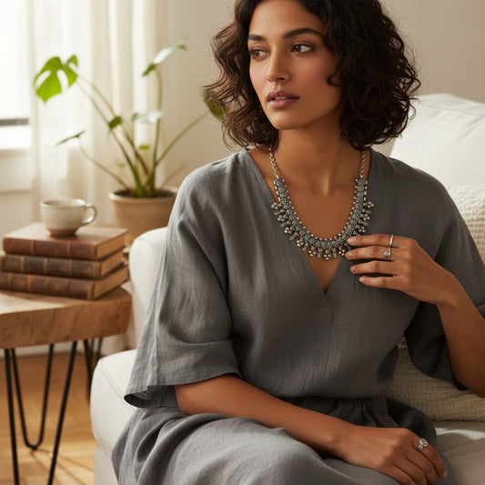 Dajinn Oxidized Silver Dangling Bead Choker Necklace – Handcrafted Ethnic Ornamented Jewelry