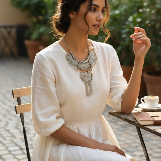 Dajinn Oxidized Silver Heritage Necklace – Handcrafted Fringe & Statement Pendant Design