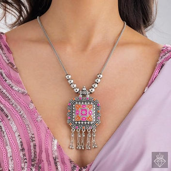 Dajinn Rangavali Tribhuja Ethnic Pendant Necklace for Women Antique Brass Jewelry Colorful Enamel Anti-Tarnish Tribal Boho Statement Necklace