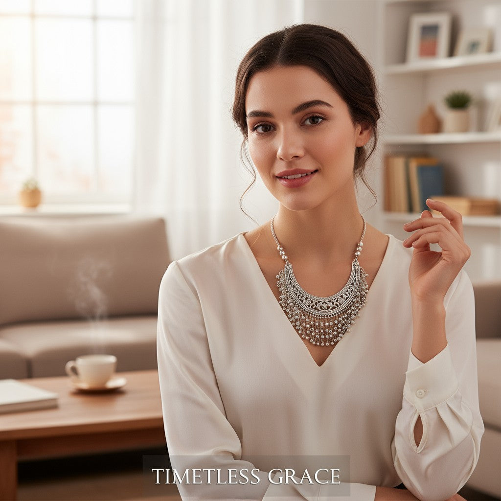 Dajinn Ethnic Oxidized Silver Plated Necklace – Handcrafted Floral Jali & Beaded Layer Statement Jewelry