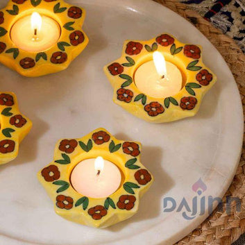 Marigold Blue Pottery Candle Holder - Yellow (Set Of 4)