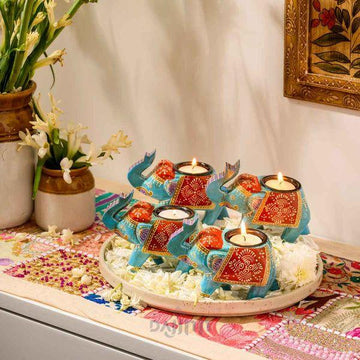 Orange Handpainted Elephant Candle Holder (Set Of 4)