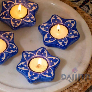 Jasmine Blue Pottery Candle Holder - Dark Blue (Set Of 4)