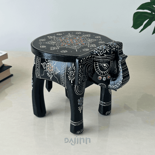 Black Handpainted Wooden Elephant Stool