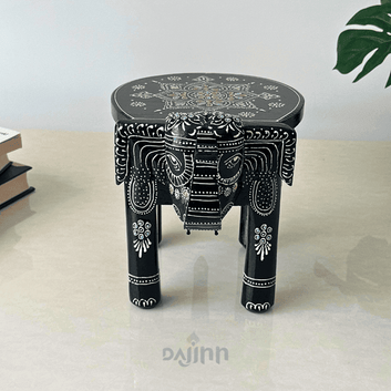 Black Handpainted Wooden Elephant Stool