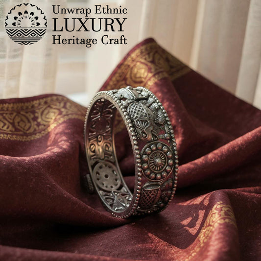 Dajinn Timeless Aura Collection – Brass Oxidized Kada | Oxidized Brass Ethnic Bangle for Women & Girls | Antique Finish From the Roots of India (Warrior Shield Kada)