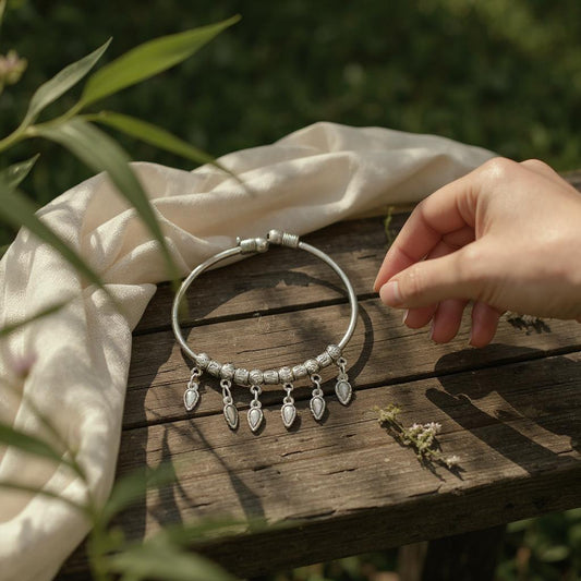 Dajinn Aarzoo Collection Oxidized Brass Elegant Finish Bracelet for Women & Girls | Traditional Ethnic Indian Charm Kada with Danglers | Adjustable Antique Style Jewellery (Teardrop Elegance Kada)