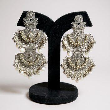 Dajinn Noor-E-Zaiba Collection Traditional Oxidised Silver-Plated Ethnic Earrings with Pearls for Women & Girls (Regal Chandbali)
