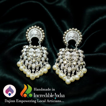Dajinn Noor-E-Zaiba Collection Traditional Oxidised Silver-Plated Ethnic Earrings with Pearls for Women & Girls (Vintage Floral Chandrika)