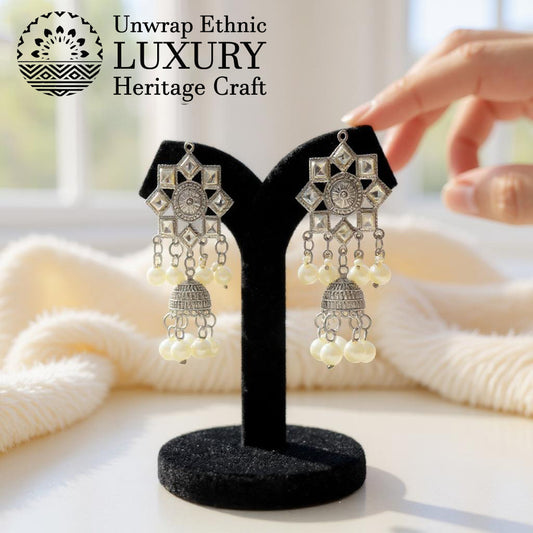 Dajinn Noor-E-Zaiba Collection Traditional Oxidised Silver-Plated Ethnic Earrings with Pearls for Women & Girls (Starry Jhumka Elegance)