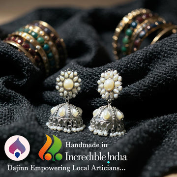 Dajinn Noor-E-Zaiba Collection Traditional Oxidised Silver-Plated Ethnic Earrings with Pearls for Women & Girls (Pearl Lotus Jhumka)