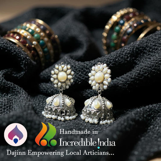 Dajinn Noor-E-Zaiba Collection Traditional Oxidised Silver-Plated Ethnic Earrings with Pearls for Women & Girls (Pearl Lotus Jhumka)