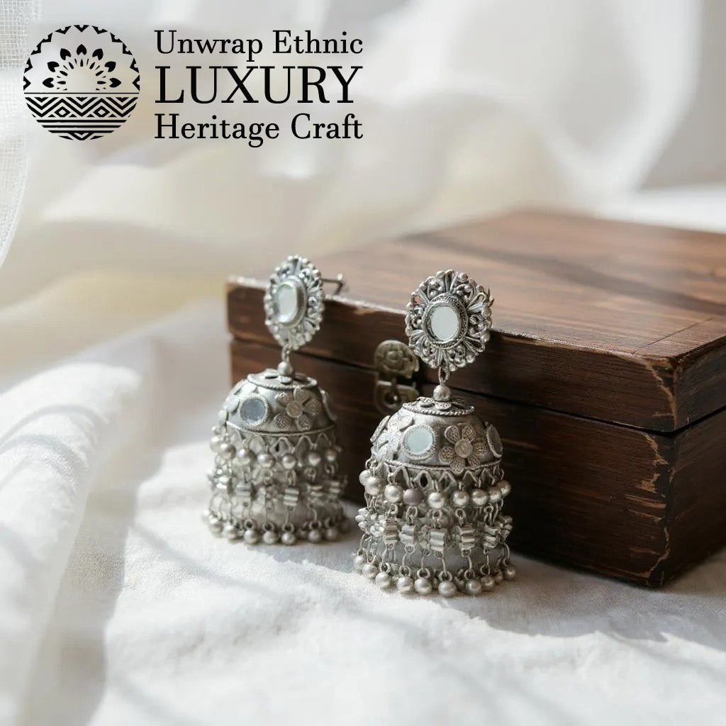 Dajinn Noor-E-Zaiba Collection Traditional Oxidised Silver-Plated Ethnic Earrings with Pearls for Women & Girls (Mehfil Mirror Jhumka)