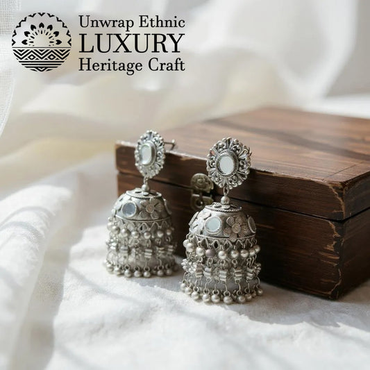 Dajinn Noor-E-Zaiba Collection Traditional Oxidised Silver-Plated Ethnic Earrings with Pearls for Women & Girls (Mehfil Mirror Jhumka)