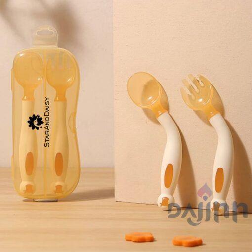 DaJinn Silicone Baby Feeding/Training Spoon and Fork Set with Anti-Bacterial PP Storage Box (Orange & Cream)