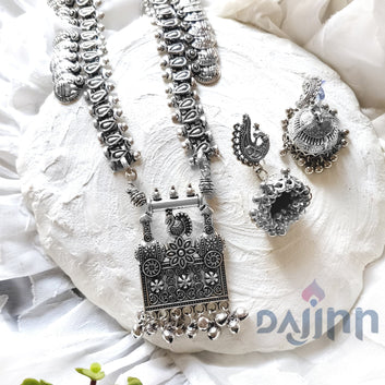 Kaveesha Silver Oxidized Peacock Necklace Set