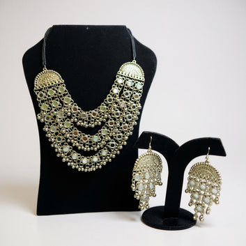 Dajinn Meher Oxidized Brass Traditional Ethnic Necklace with Earrings for Women and Girls Antique Indian Jewelry Set - Glamarous Gold