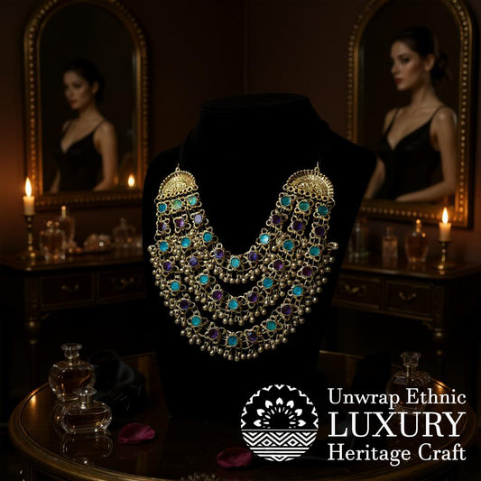 Dajinn Meher Collection Oxidized Brass Oxidized Traditional Ethnic Necklace with Earrings for Women and Girls Antique Indian Jewelry Set (Magical Rainbow)