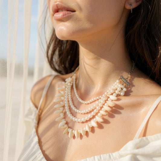 Dajinn Pearl Nirvana Traditional Ethnic Pearl & Shell Necklace Set with Earrings for Women and Girls (Magical Sea)