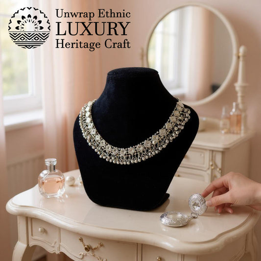 Dajinn Royal Radiance Oxidized Brass Choker Necklace for Women | Antique Pendant with Mirror Work | Traditional Ethnic Temple Jewelry