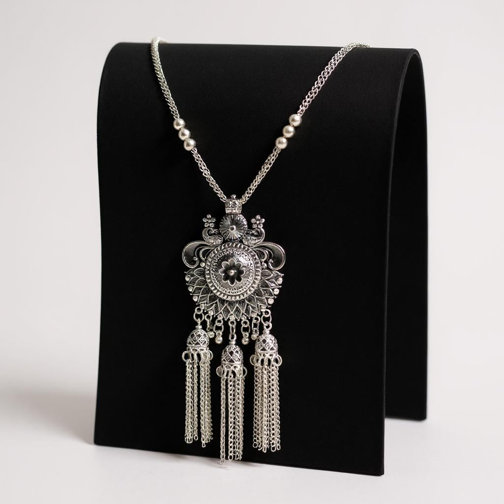Dajinn Mystic Bloom Oxidized Brass Necklace Earrings Set for Women Ethnic Jewelry with Dangling Tassel Pendant Jhumka Earrings