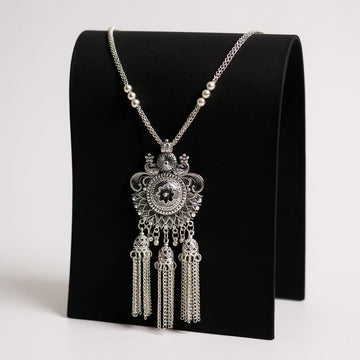 Dajinn Mystic Bloom Oxidized Brass Necklace Earrings Set for Women Ethnic Jewelry with Dangling Tassel Pendant Jhumka Earrings