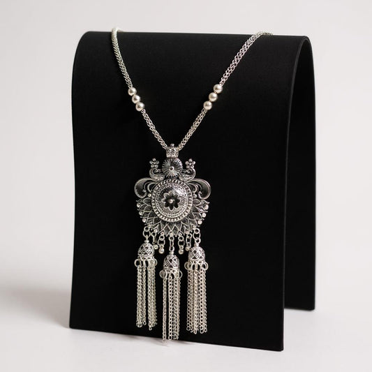 Dajinn Mystic Bloom Oxidized Brass Necklace Earrings Set for Women Ethnic Jewelry with Dangling Tassel Pendant Jhumka Earrings