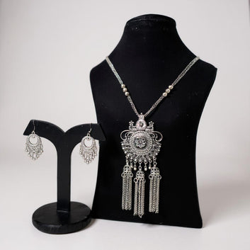 Dajinn Mystic Bloom Oxidized Brass Necklace Earrings Set for Women Ethnic Jewelry with Dangling Tassel Pendant Jhumka Earrings
