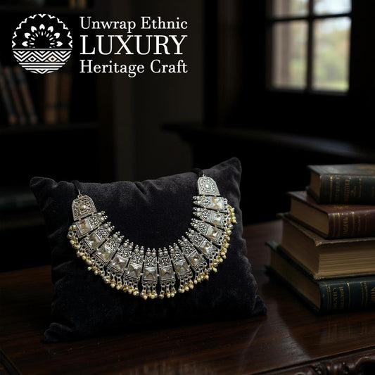 Dajinn Nritya Kalika Collection Oxidized Tribal Chocker Necklace Set with Earrings – Traditional Ethnic Indian Jewelry for Women and Girls Shakti Kalika Chockert Set
